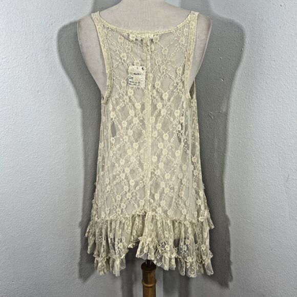 Free People Top Womens Small Ivory Everything in Lace Tunic Tiered Blouse - Picture 3 of 9